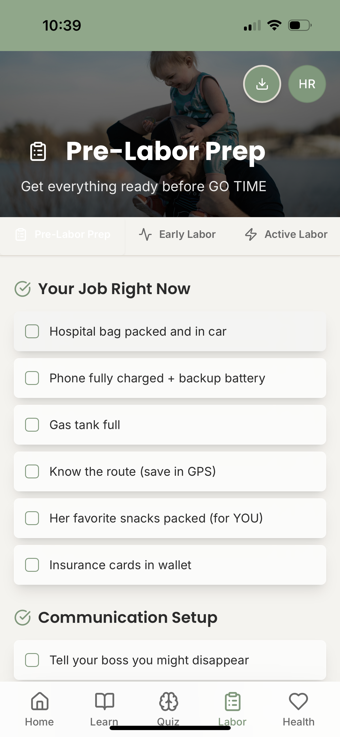 Pre-labor preparation checklist showing tasks and communication setup