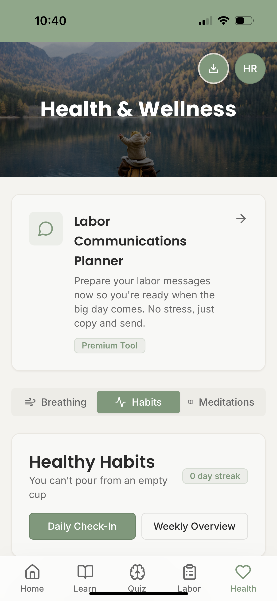Daily health check-in tracking hydration, sleep, nutrition, and movement