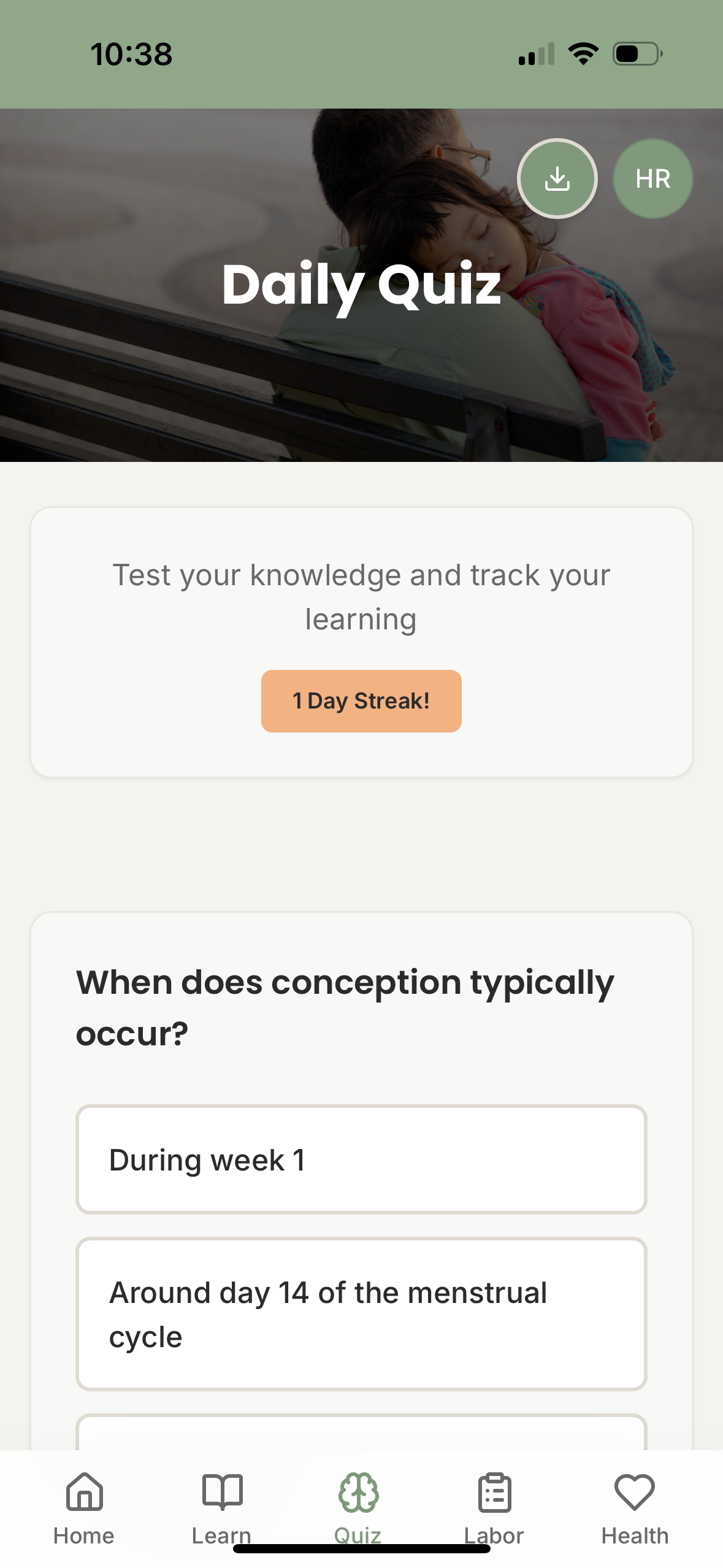 Interactive quiz showing pregnancy knowledge questions